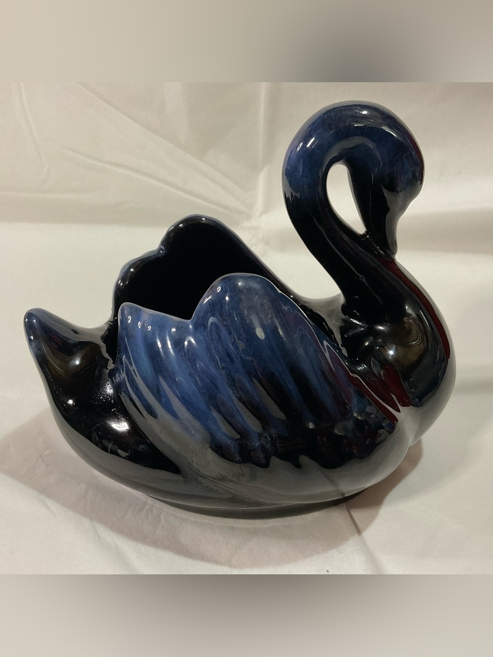 Vintage BMP? Blue black Drip glaze swan ceramic planter